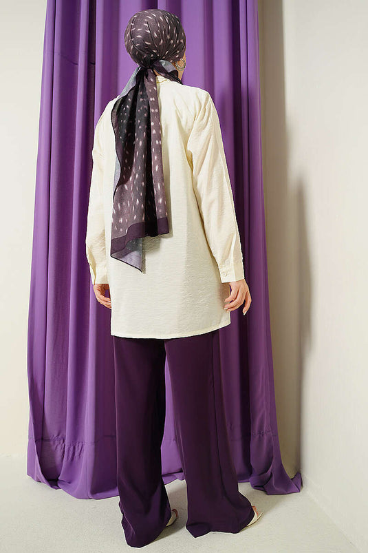 Cream Loose Shirt with Tie Collar