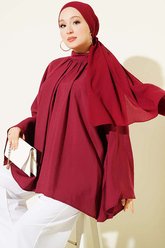 Yakası Büzgü Detaylı Tunik Bordo