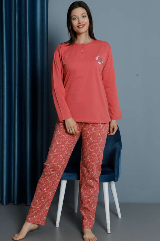 Ensemble pyjama corail pour femme avec col brodé de fleurs