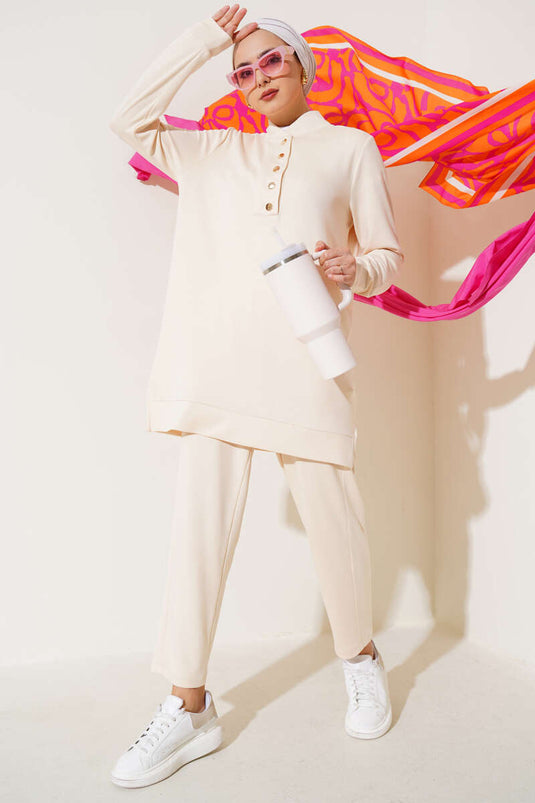 Two-Piece Suit with Snap Collar, Beige