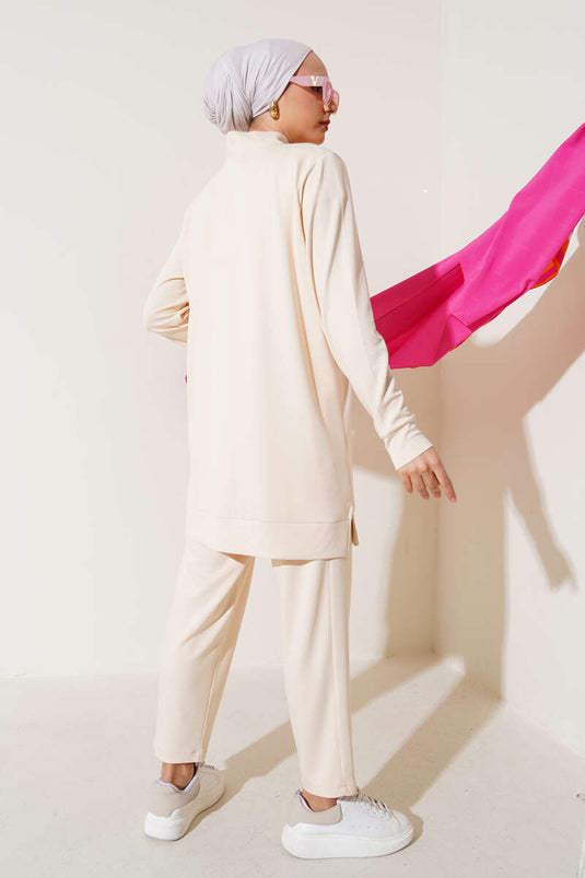 Two-Piece Suit with Snap Collar, Beige