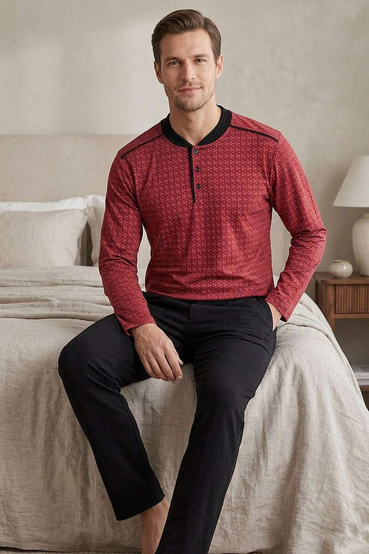 Ensemble pyjama homme à motifs avec col boutonné, bordeaux