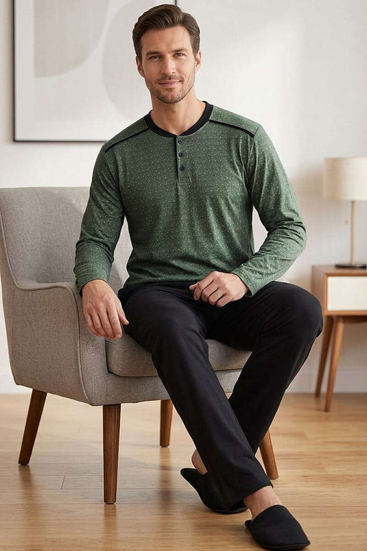 Ensemble de pyjama pour homme kaki à motifs avec col boutonné