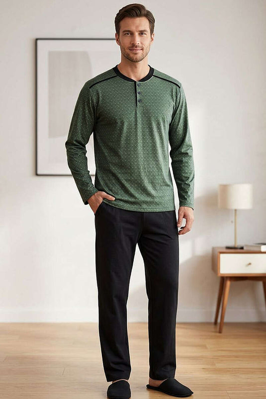 Ensemble de pyjama pour homme kaki à motifs avec col boutonné