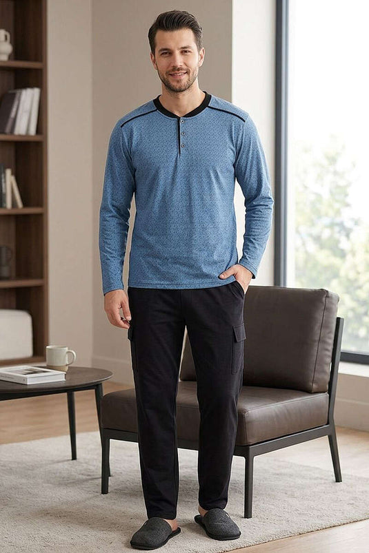 Ensemble de pyjama pour homme à motifs avec col boutonné bleu