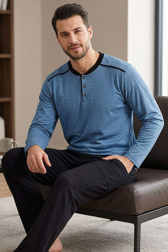 Ensemble de pyjama pour homme à motifs avec col boutonné bleu