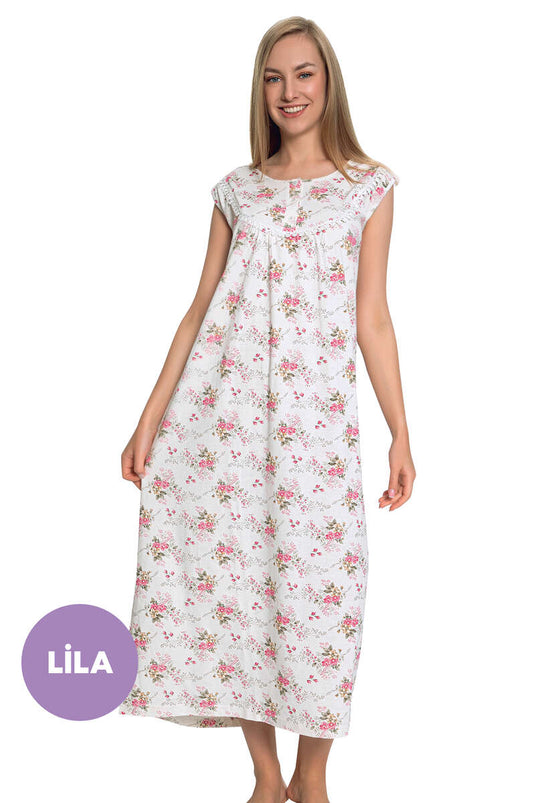 Yakası Düğmeli Desenli Gecelik Lila