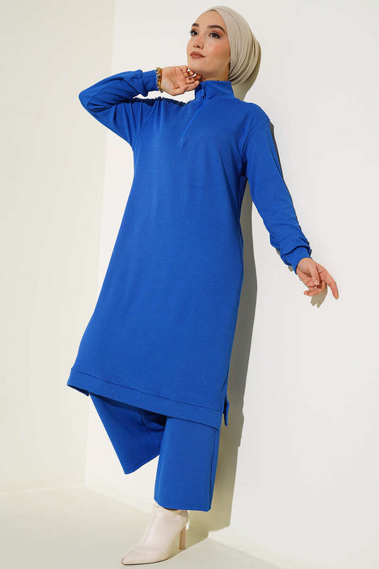 بدلة مزدوجة ملتوية مع أكياس بياقة بسحاب