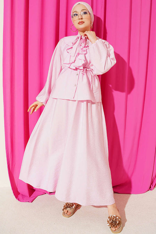 Yakası Fırfırlı Bağcıklı Etekli Takım Pembe