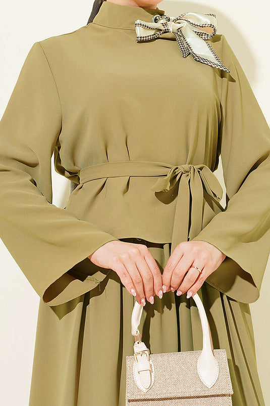 Two-Piece Set with Scarf Collar and Skirt in Olive Green
