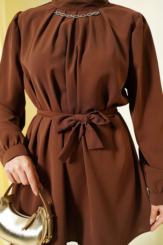 Ensemble tunique à col avec collier, lot de deux, couleur café