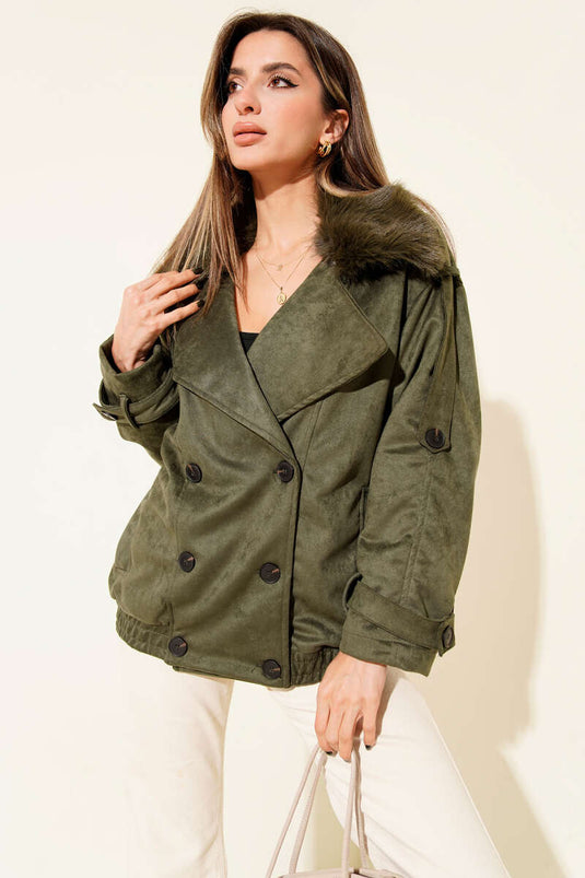 Khaki Bomber Jacket with Fur Collar Detail