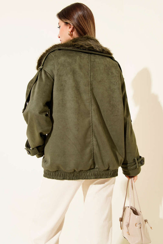 Khaki Bomber Jacket with Fur Collar Detail