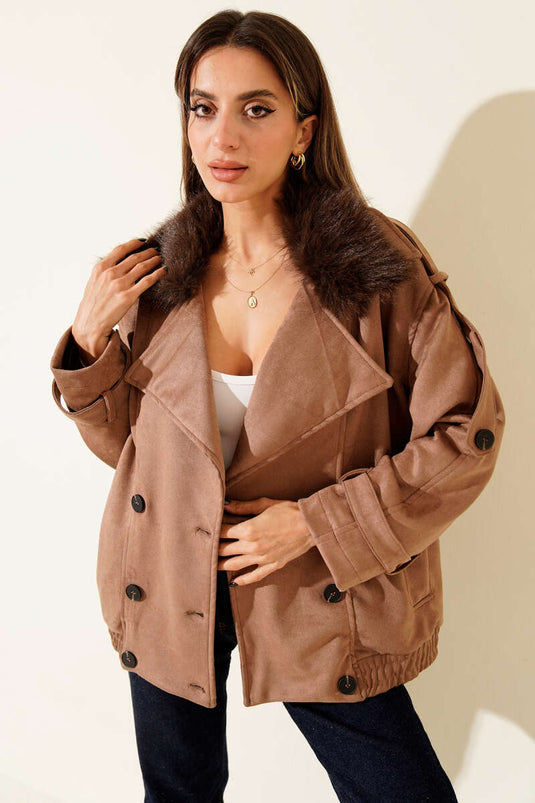 Latte Bomber Jacket with Fur Collar Detail