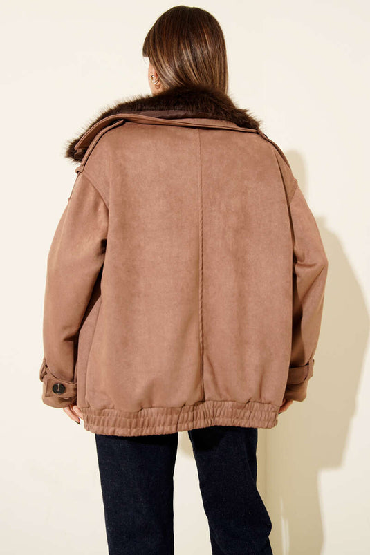 Latte Bomber Jacket with Fur Collar Detail