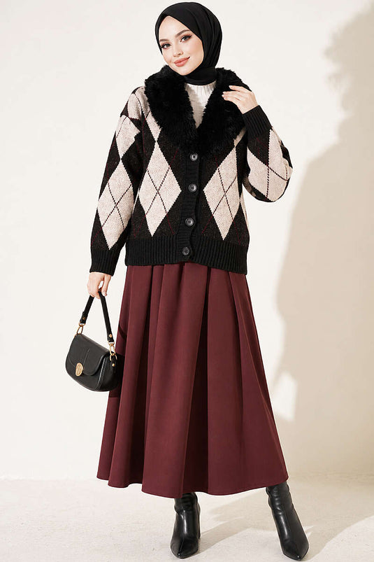 Black Faux Fur Collar Patterned Knit Cardigan