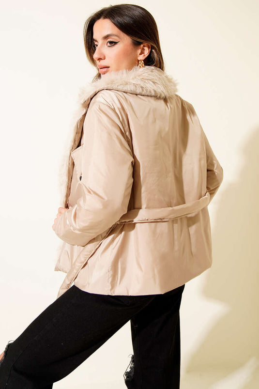 Short Coat with Fur Collar and Belt, Stone