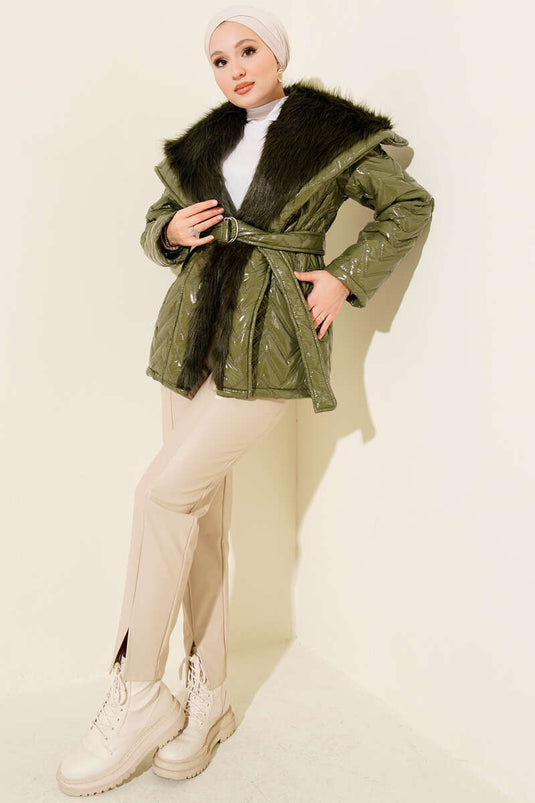 Yakası Kürklü Parlak Mont Haki