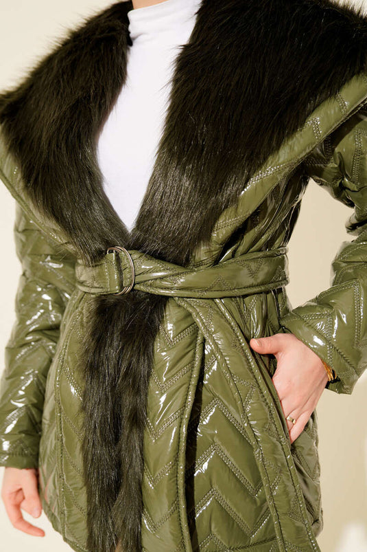 Yakası Kürklü Parlak Mont Haki