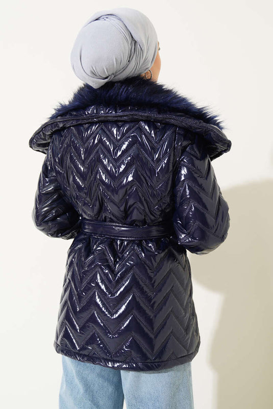 Shiny Coat with Fur Collar, Navy Blue