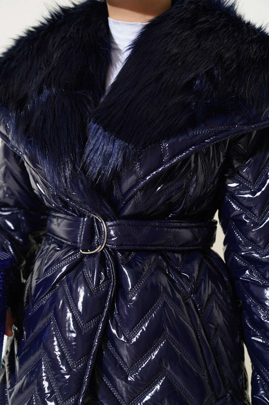 Shiny Coat with Fur Collar, Navy Blue