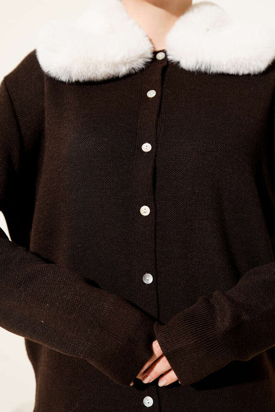 Yakası Kürklü Triko Kısa Hırka Kahve