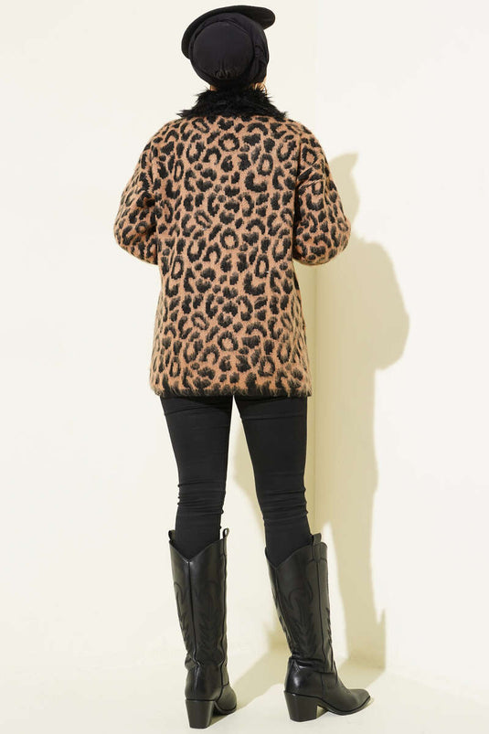 Fur-Collared Knitted Leopard Print Cardigan