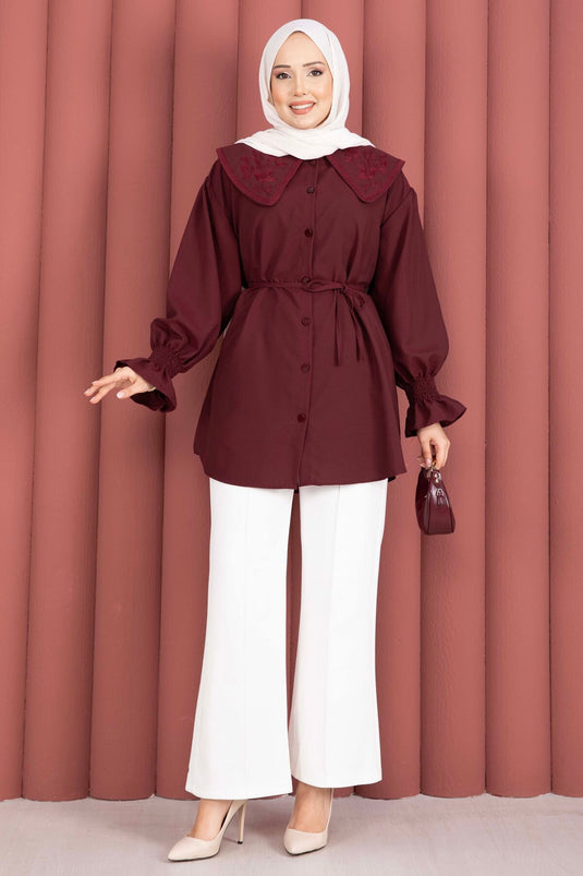 Yakası Nakış Detaylı Beli Bağcıklı Tunik Bordo