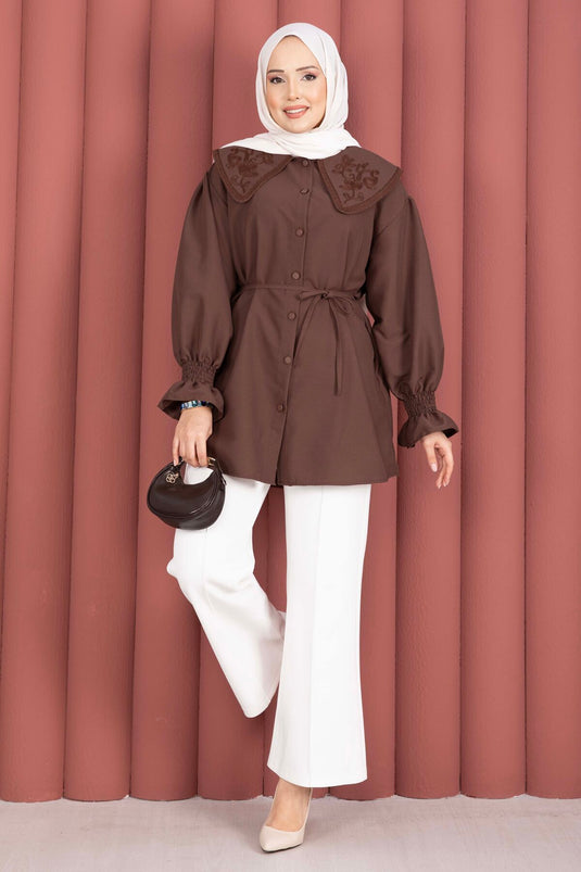 Tunic with Embroidered Collar and Waist Tie, Coffee Color