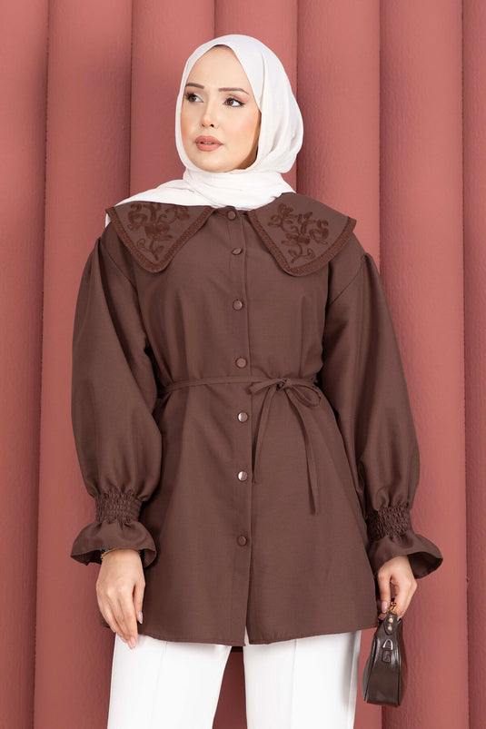 Tunic with Embroidered Collar and Waist Tie, Coffee Color