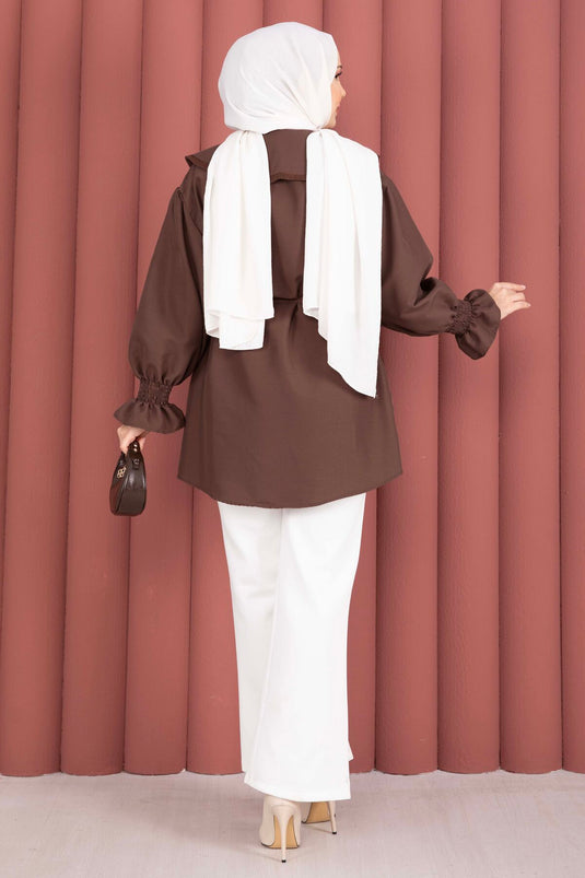 Tunic with Embroidered Collar and Waist Tie, Coffee Color