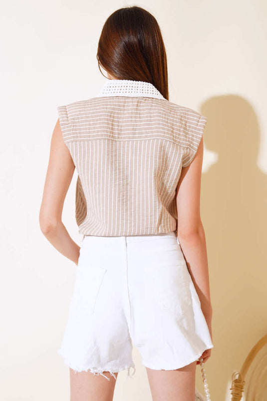 قميص لاتيه مخطط بياقة محبوكة