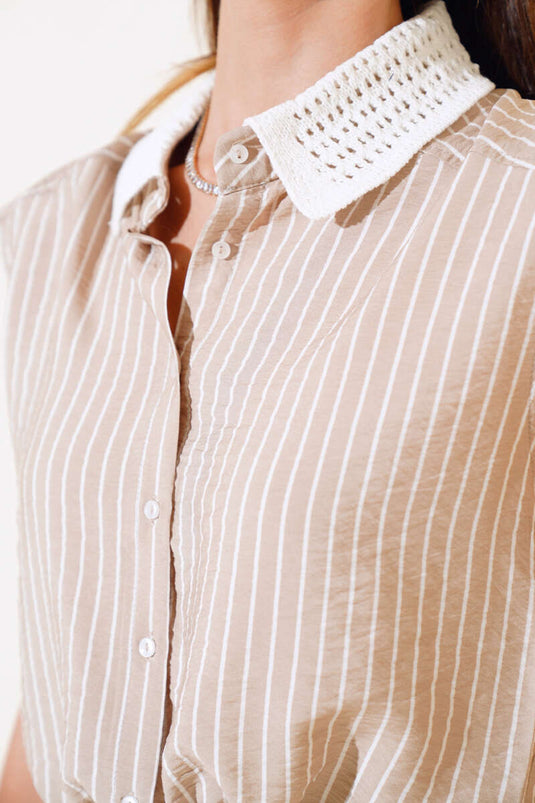 Knitted Collar Striped Shirt Latte
