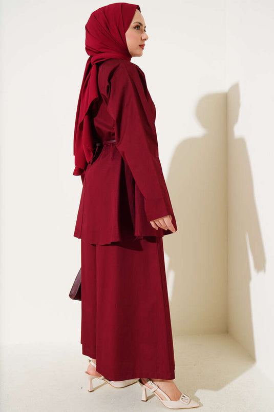 Poplin Two Piece Suit with Darted Collar and Belt, Claret Red