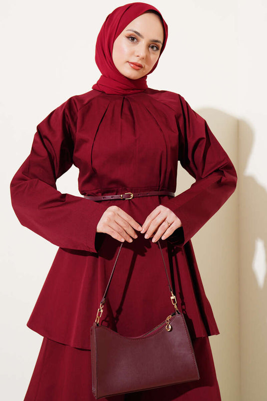 Poplin Two Piece Suit with Darted Collar and Belt, Claret Red