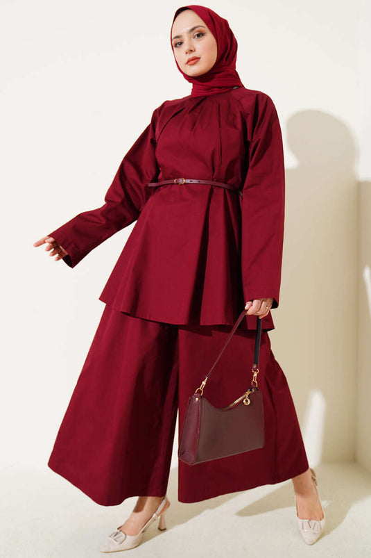 Poplin Two Piece Suit with Darted Collar and Belt, Claret Red