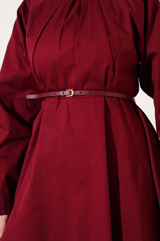 Poplin Two Piece Suit with Darted Collar and Belt, Claret Red