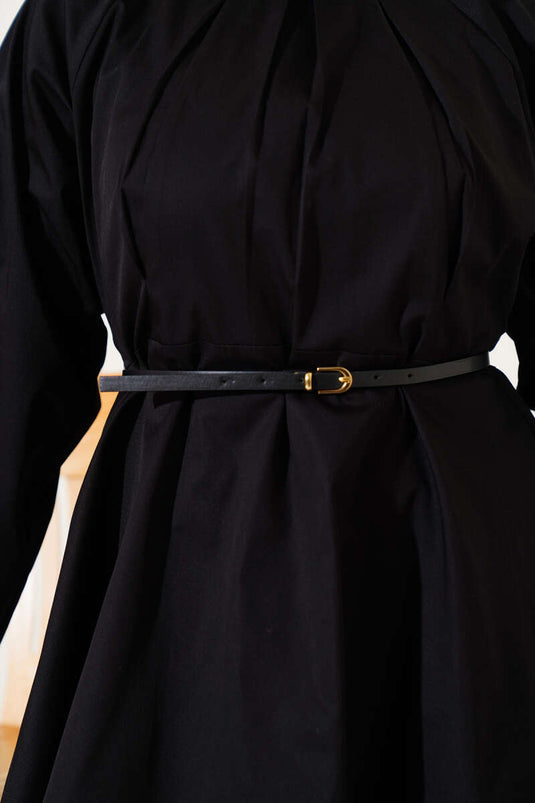 Poplin Two Piece Suit with Darted Collar and Belt, Black