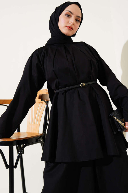 Poplin Two Piece Suit with Darted Collar and Belt, Black