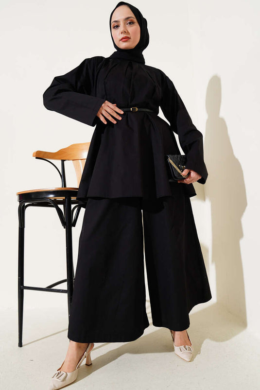 Poplin Two Piece Suit with Darted Collar and Belt, Black