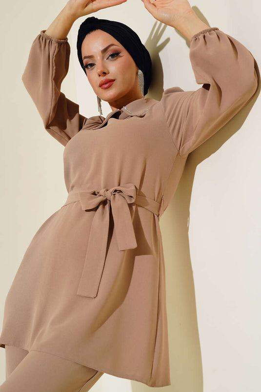 Yakası Taş Detaylı İkili Takım Vizon