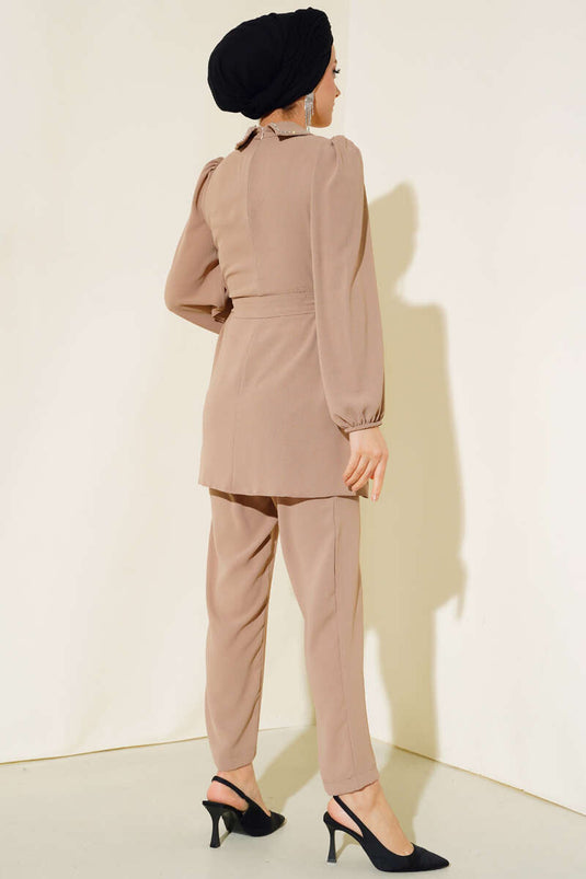 Yakası Taş Detaylı İkili Takım Vizon