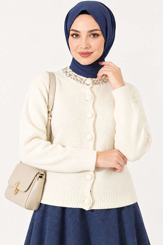 Cardigan Beige Con Dettagli Di Collare E Perline