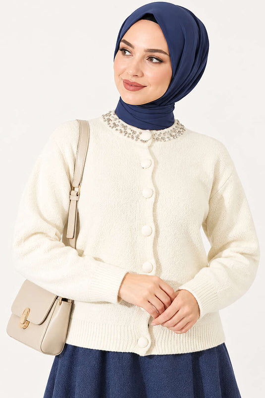 Cardigan Beige Con Dettagli Di Collare E Perline