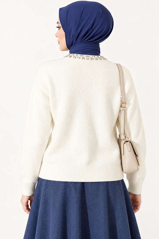 Cardigan Beige Con Dettagli Di Collare E Perline
