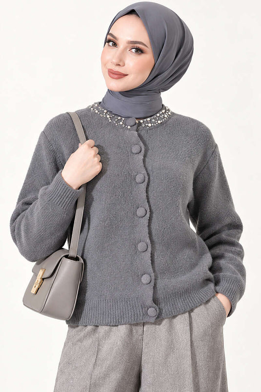 Rauchgrauer Cardigan Mit Stein-Details