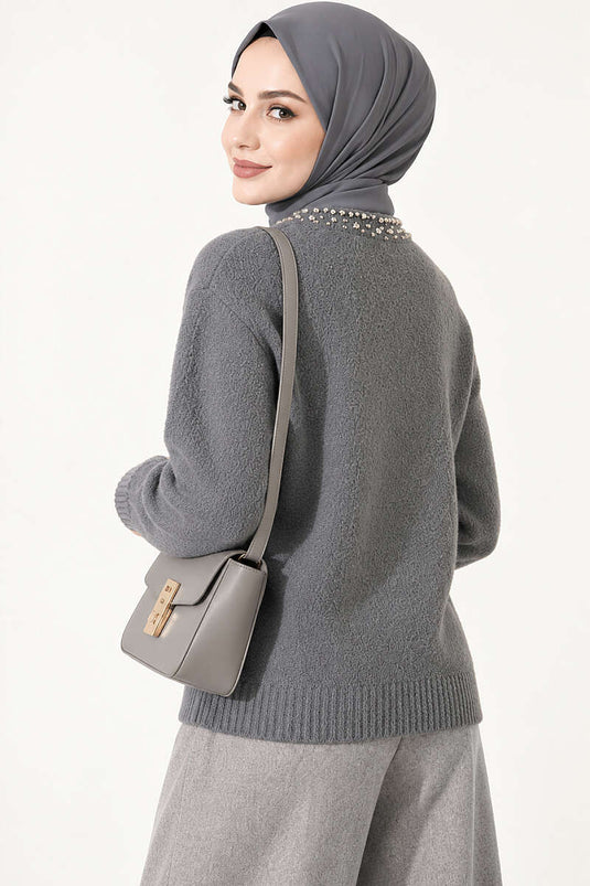 Rauchgrauer Cardigan Mit Stein-Details