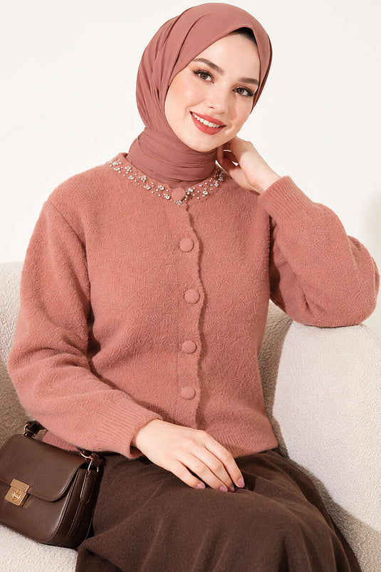 Yakası Taş Detaylı Sakallı Hırka Gül Kurusu