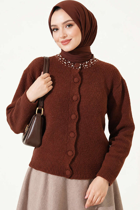 Gilet Marron À Col Orné De Détails De Barbe