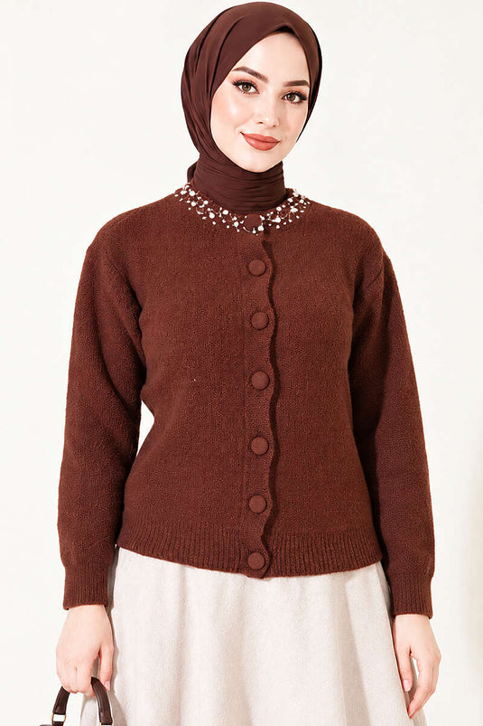 Gilet Marron À Col Orné De Détails De Barbe